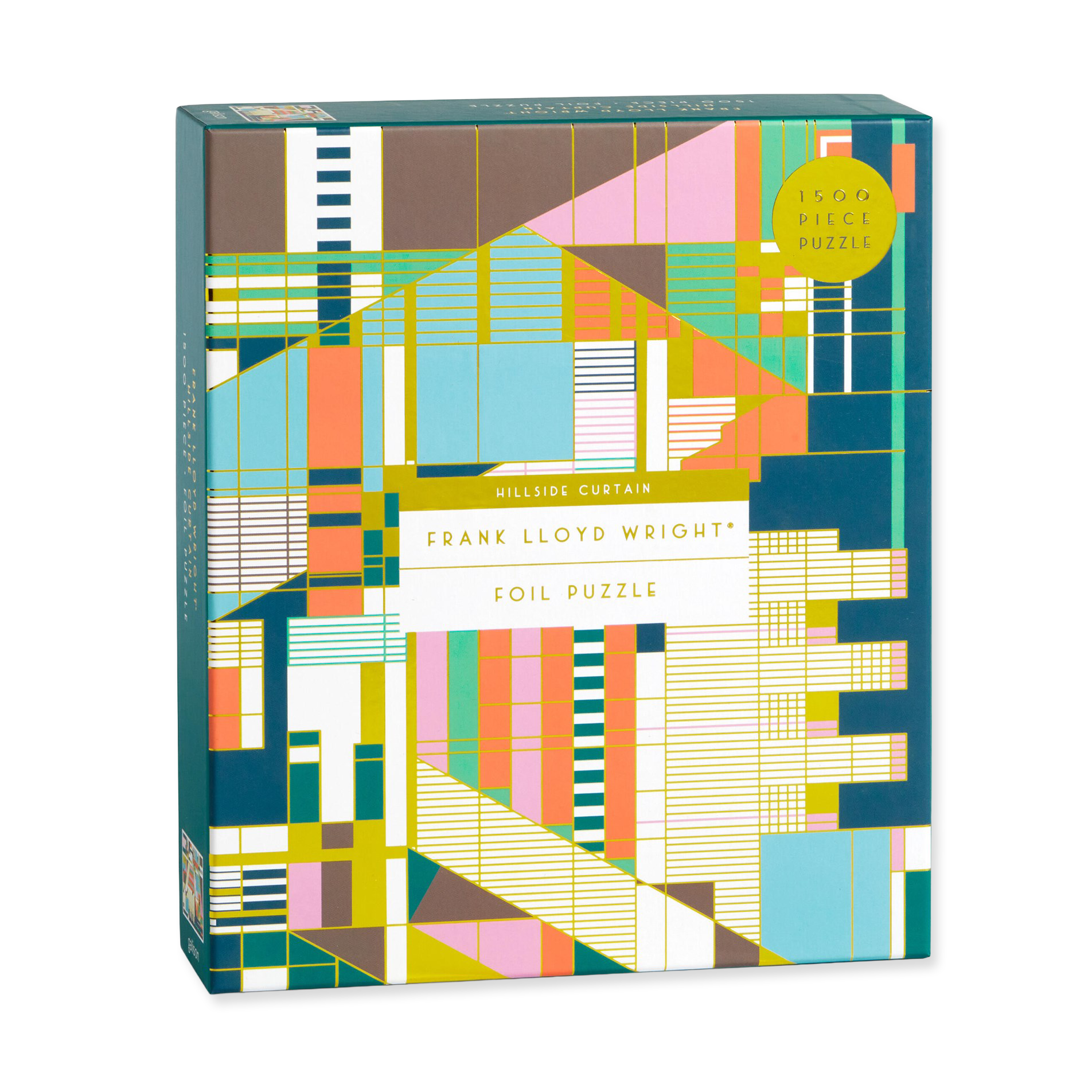 Colorful geometric-patterned puzzle box with 'Frank Lloyd Wright' text on a white background