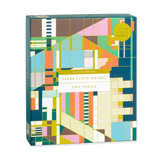 Colorful geometric-patterned puzzle box with 'Frank Lloyd Wright' text on a white background