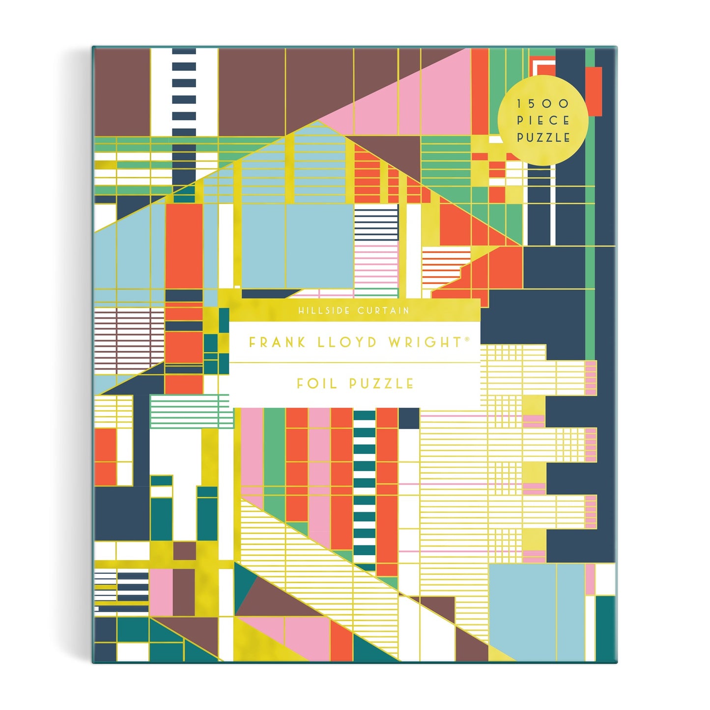 Foil puzzle packaging with geometric design and text on a white background