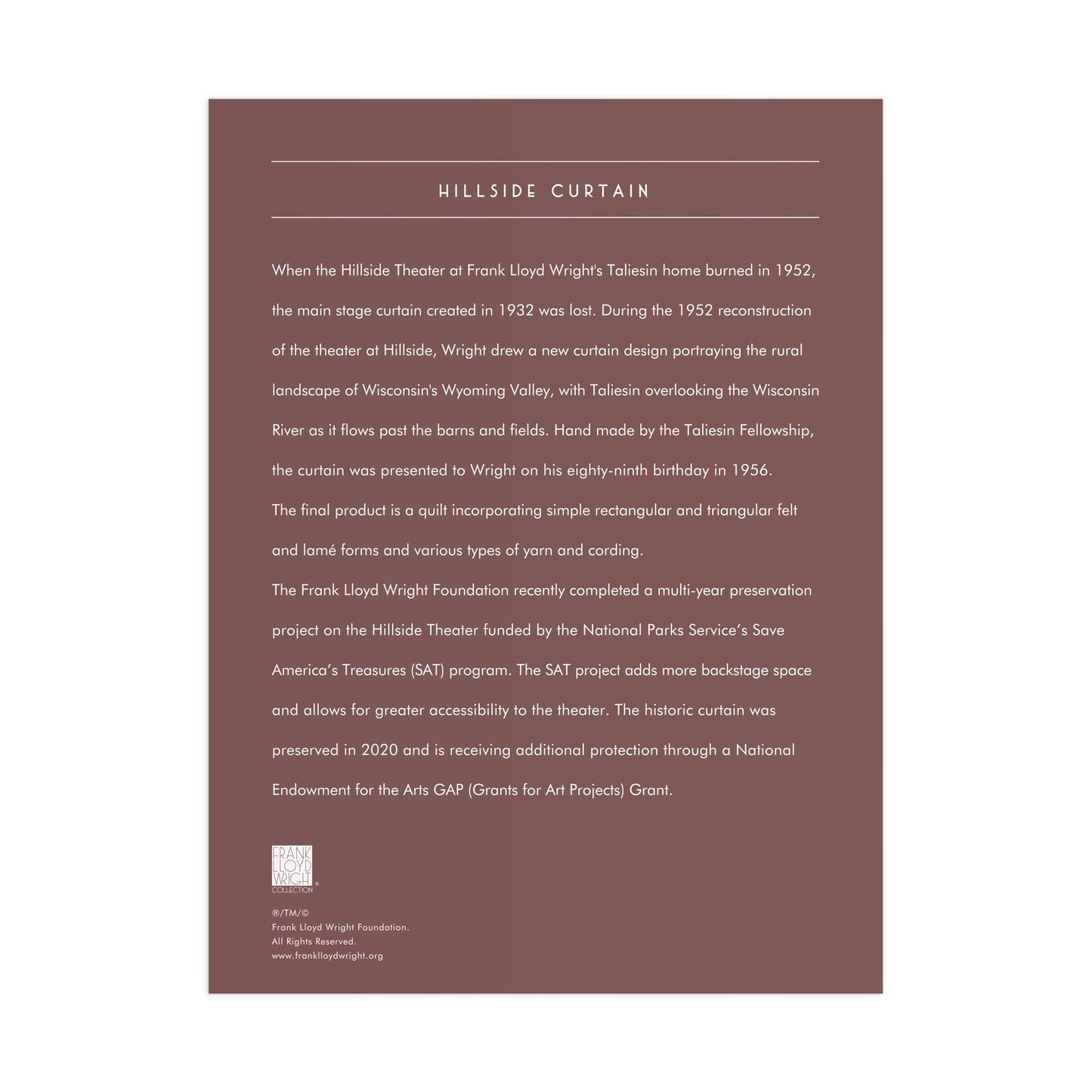 Text description of Hillside Curtain on a brown background