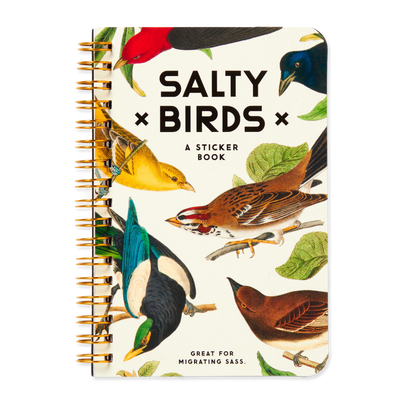 Sticker book titled 'Salty Birds' with bird illustrations on a white background