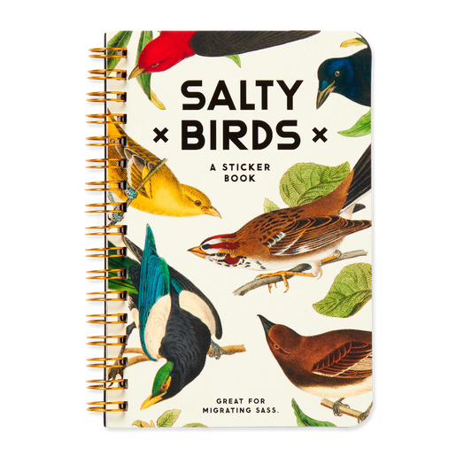 Sticker book titled 'Salty Birds' with bird illustrations on a white background
