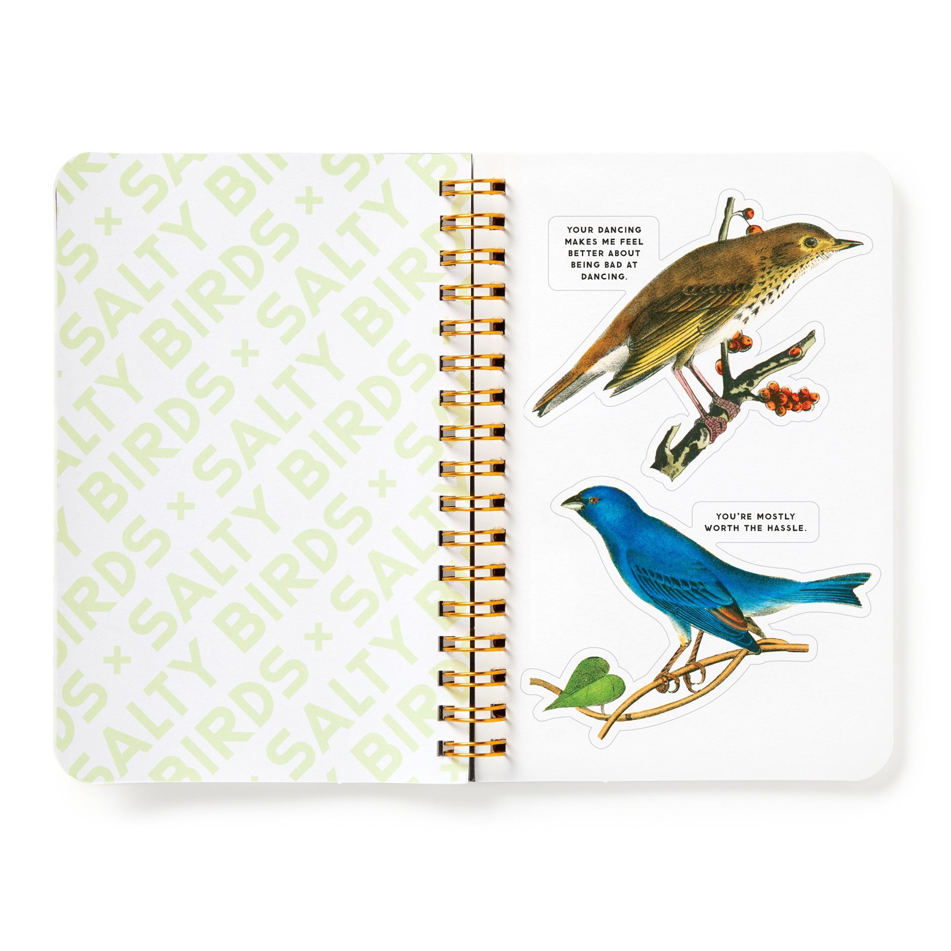 Notebook with bird illustrations and text on a white background