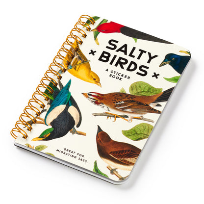 Sticker book titled 'Salty Birds' with bird illustrations on a white background