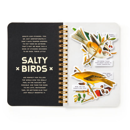 Sticker book with bird illustrations and text on a white background