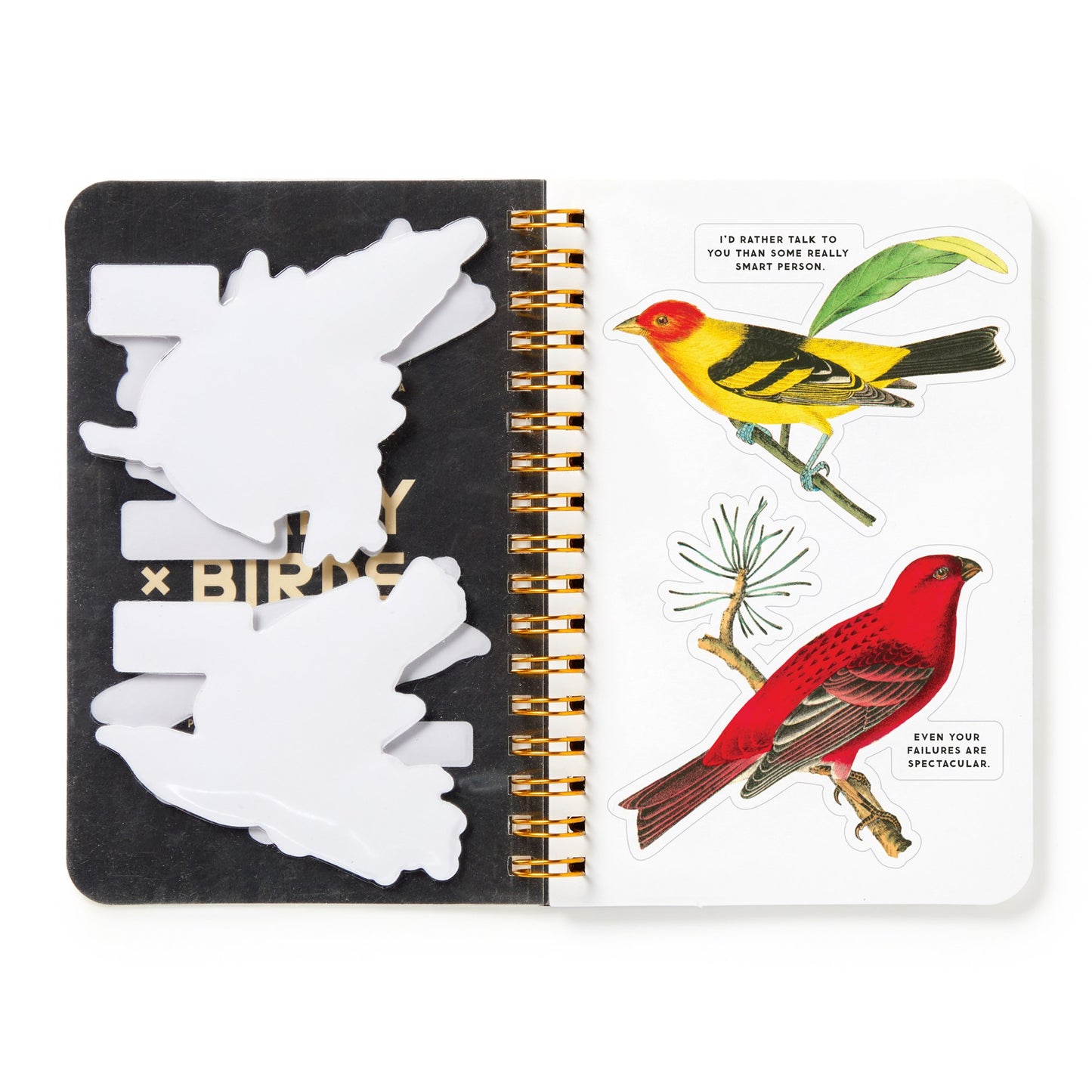 Notebook with bird-themed design on cover and stickers on black section