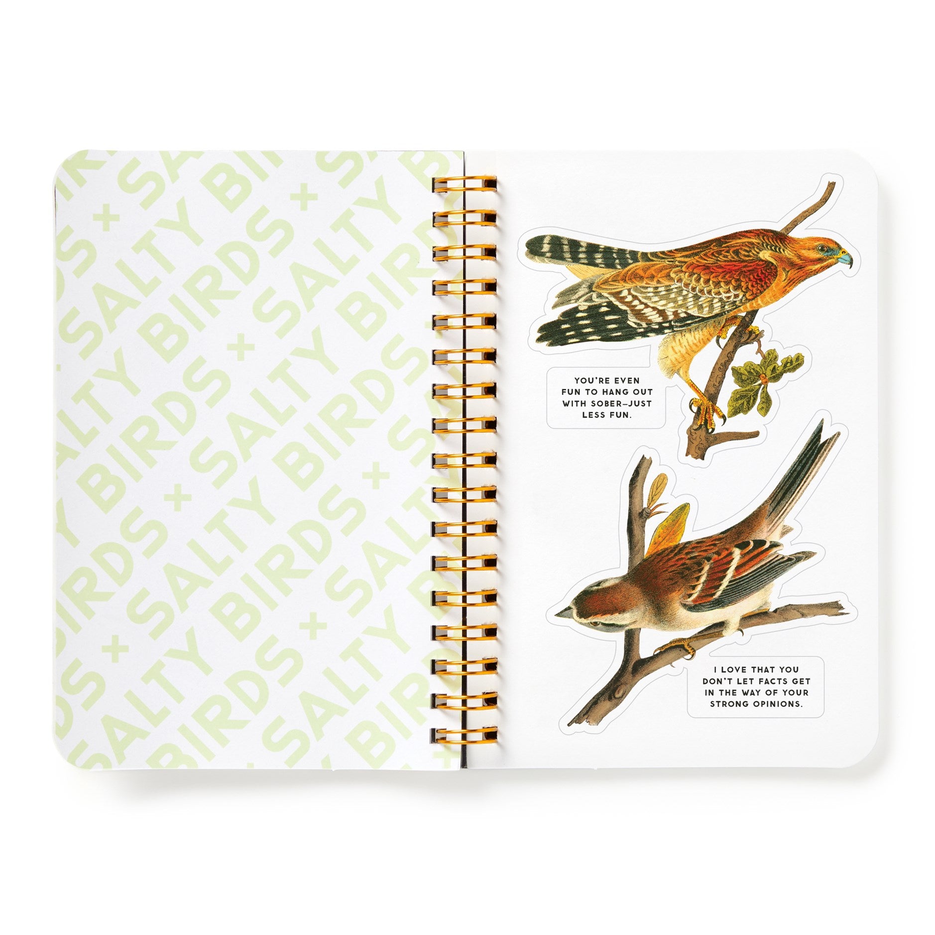 Notebook with bird illustrations and text on a white background