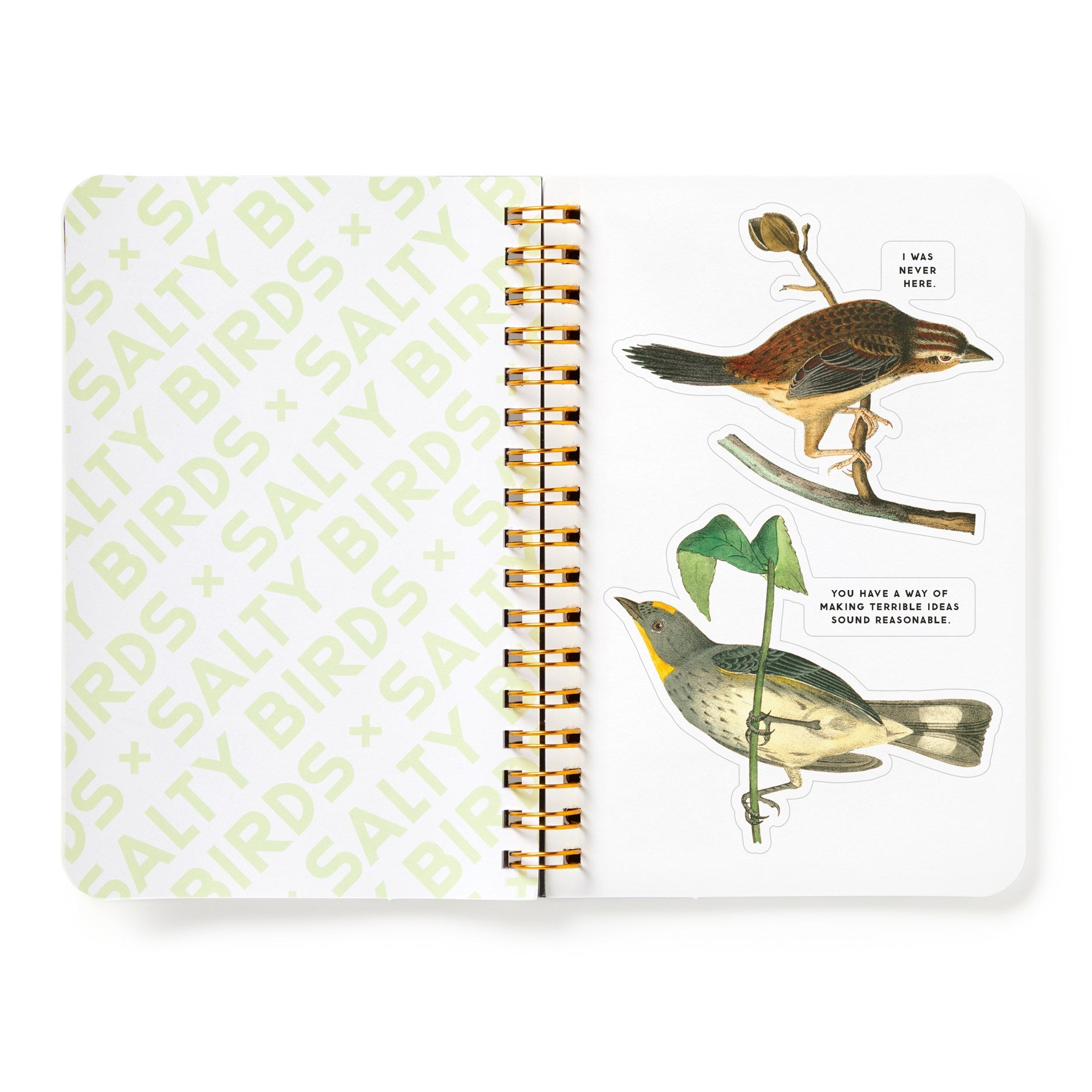Notebook with bird illustrations and text on a white background