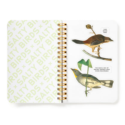 Notebook with bird illustrations and text on a white background