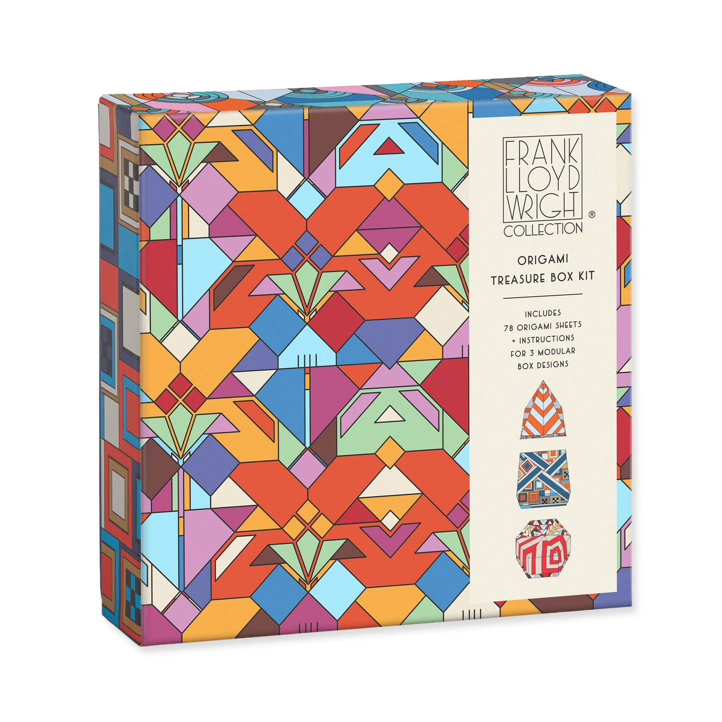 Colorful geometric-patterned origami treasure box kit with Frank Lloyd Wright Collection branding.