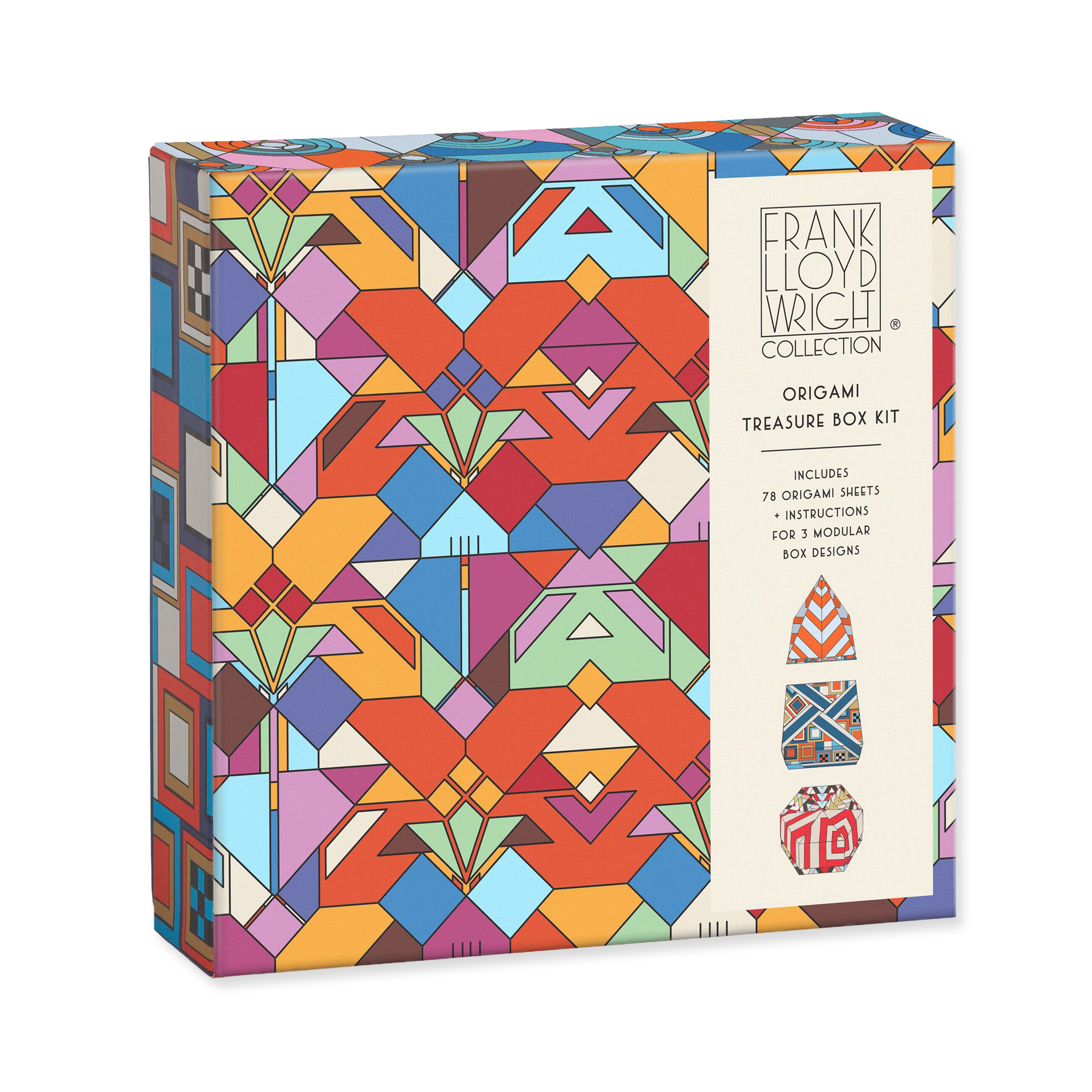 Colorful geometric-patterned origami treasure box kit with Frank Lloyd Wright Collection branding.