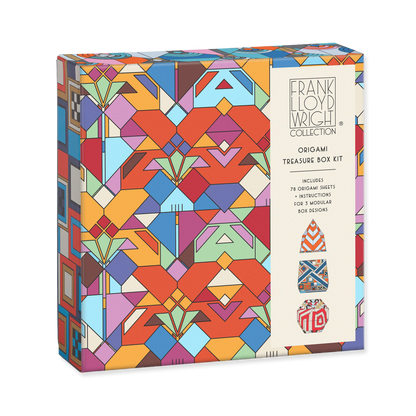 Colorful geometric-patterned origami treasure box kit with Frank Lloyd Wright Collection branding.