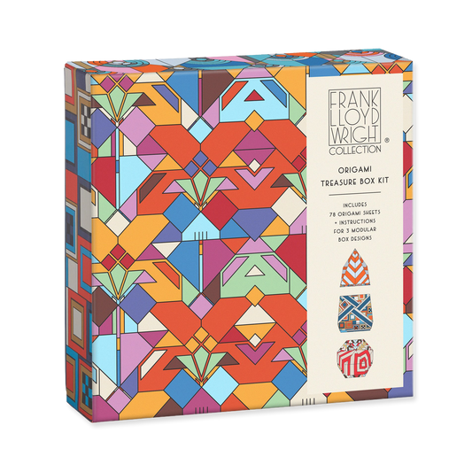 Colorful geometric-patterned origami treasure box kit with Frank Lloyd Wright Collection branding.