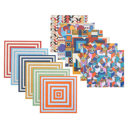 Set of colorful geometric patterned paper sheets on a white background