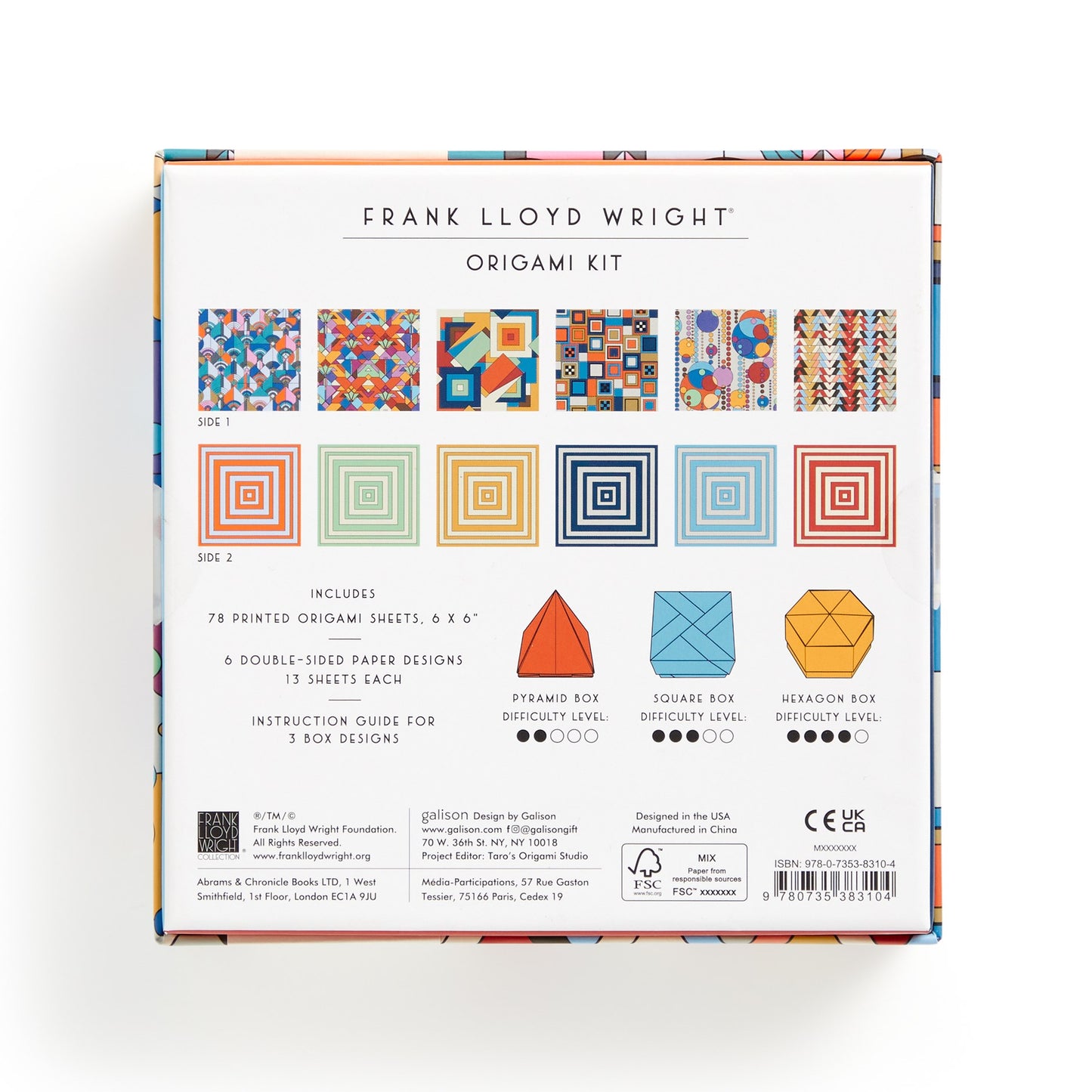 Back of an origami kit packaging with colorful designs and text.