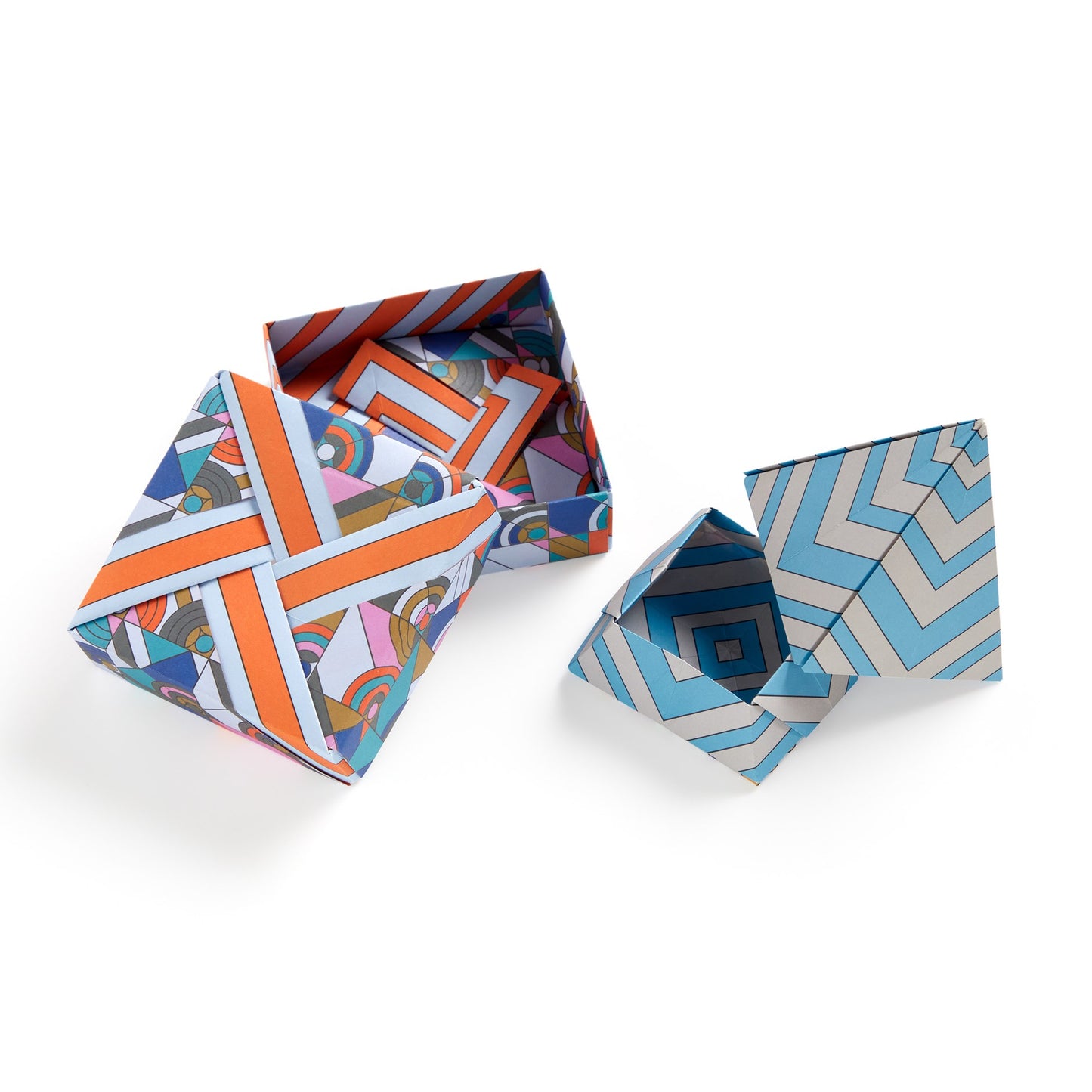 Two geometric patterned boxes on a white background