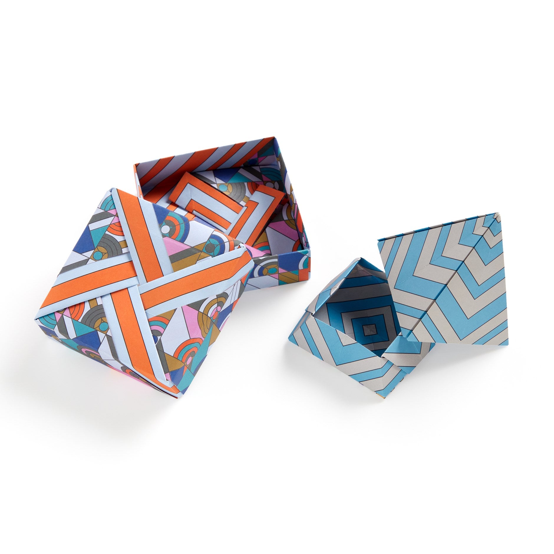 Two geometric patterned boxes on a white background