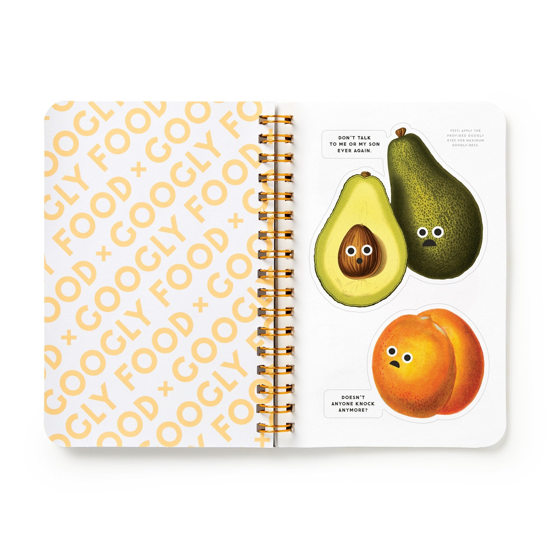 Notebook with avocado, pear, and apricot illustrations on a white background