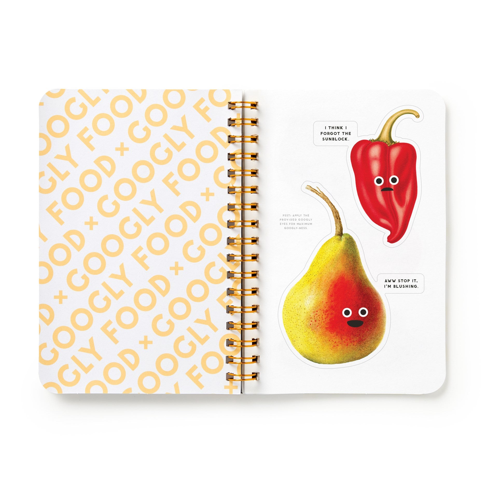 Notebook with colorful illustrations of a pear and red pepper on a white background