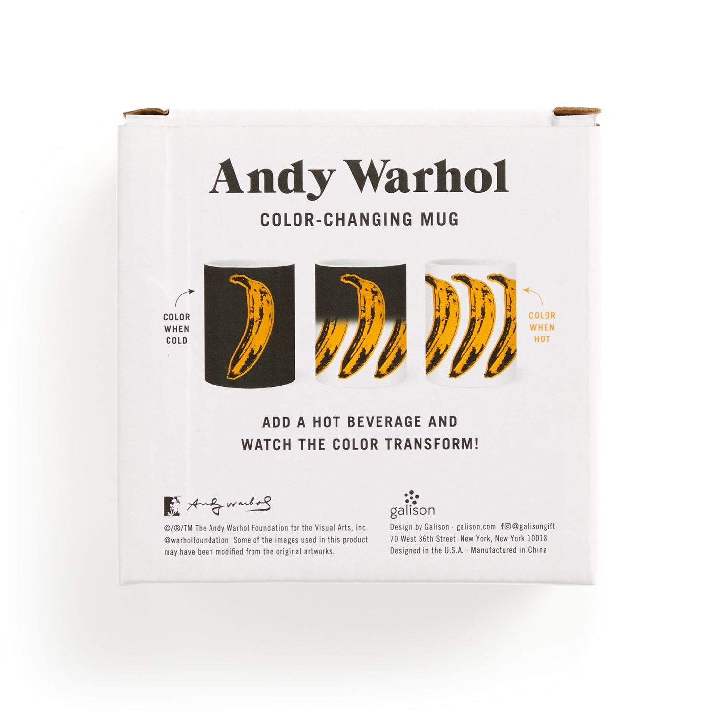 Andy Warhol color-changing mug packaging with banana illustrations and text.
