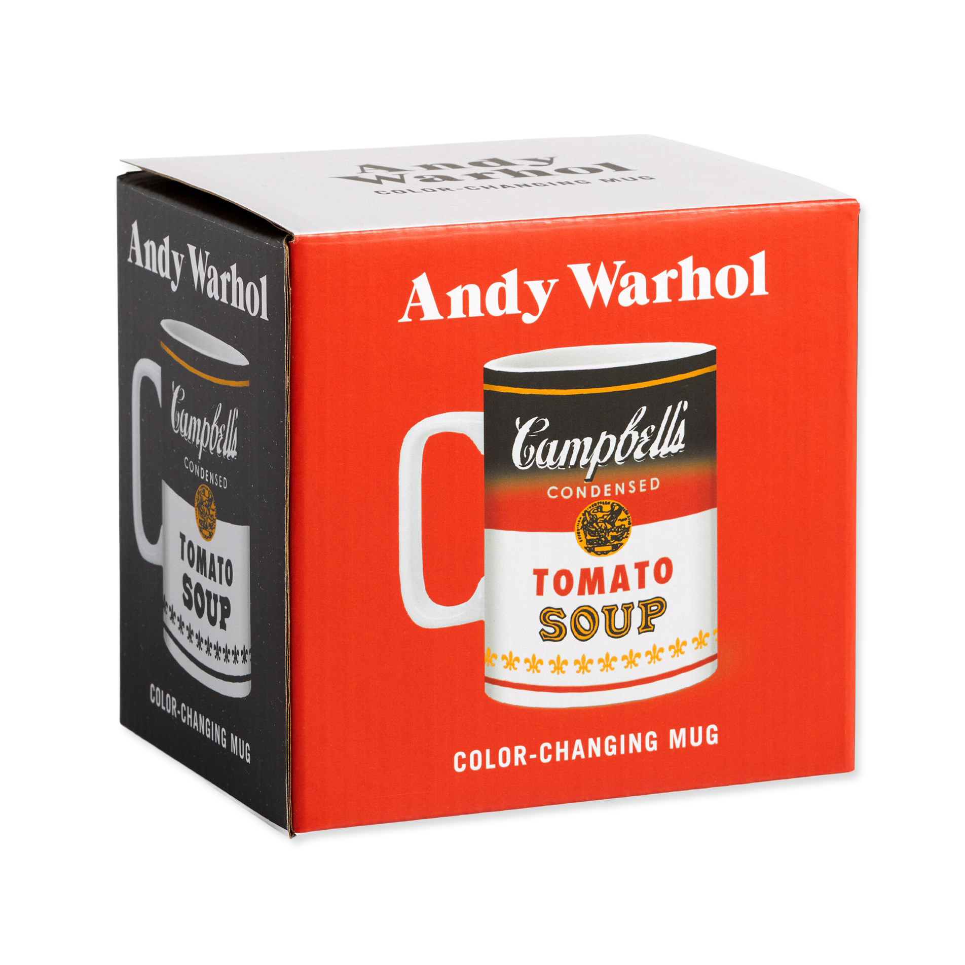 Andy Warhol Campbell's Tomato Soup mug packaging on a white background