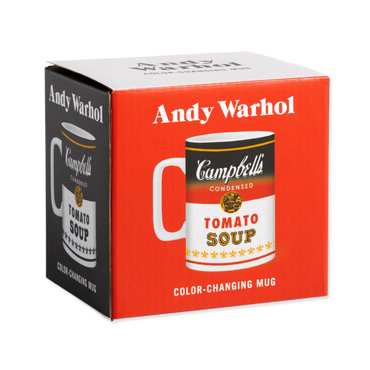 Andy Warhol Campbell's Tomato Soup mug packaging on a white background