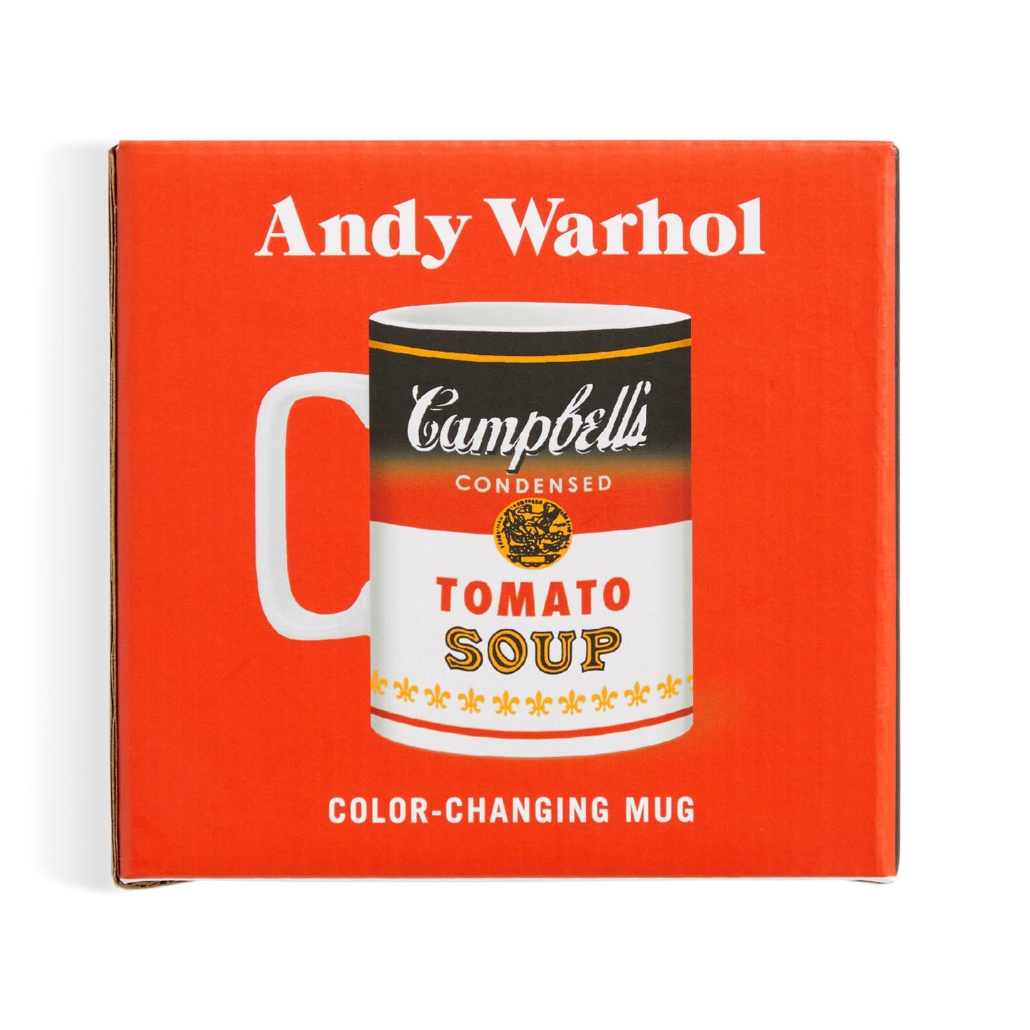 Andy Warhol Campbell's Tomato Soup mug on a red box with 'Andy Warhol' branding.