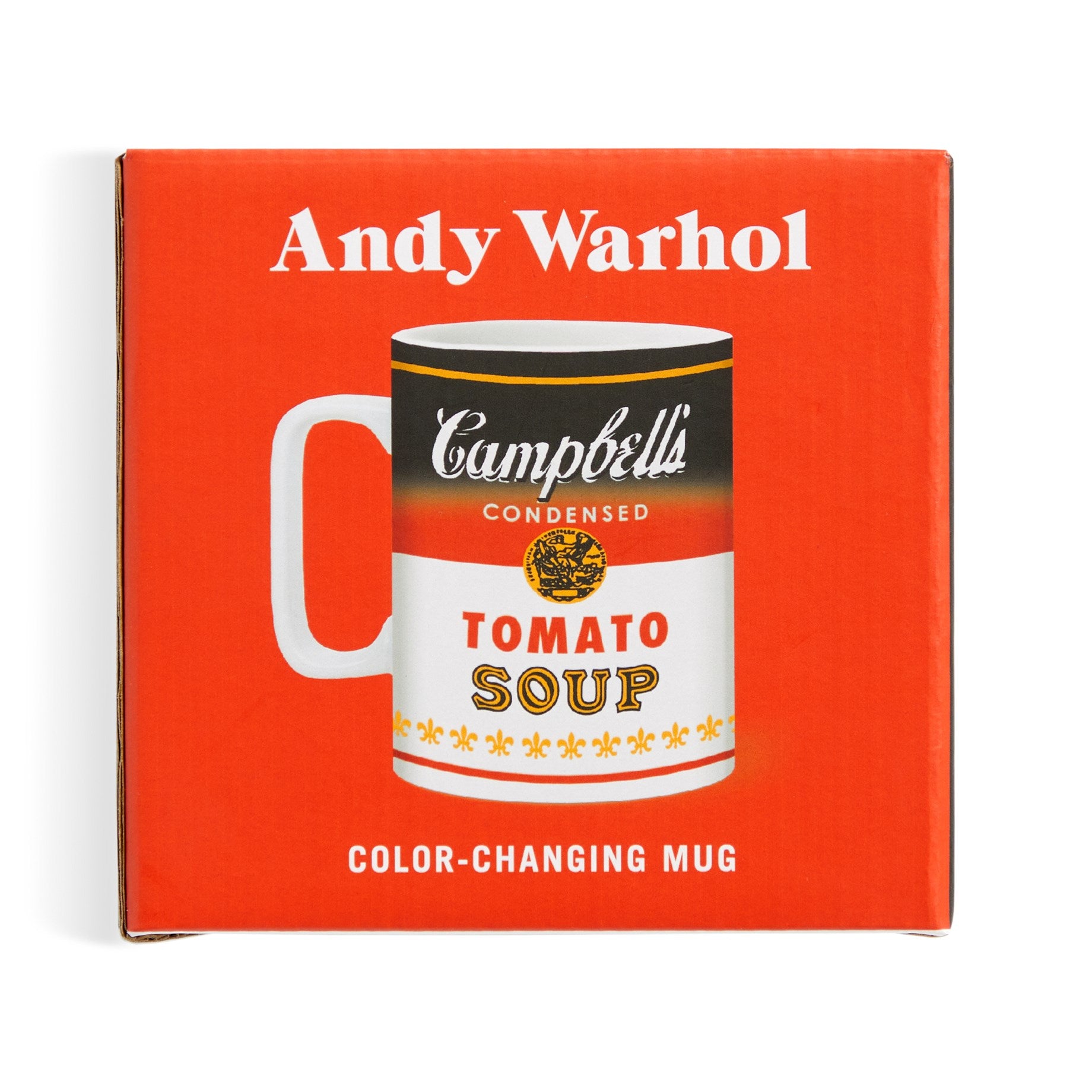 Andy Warhol Campbell's Tomato Soup mug on a red box with 'Andy Warhol' branding.