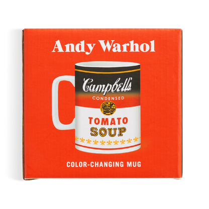 Andy Warhol Campbell's Tomato Soup mug on a red box with 'Andy Warhol' branding.