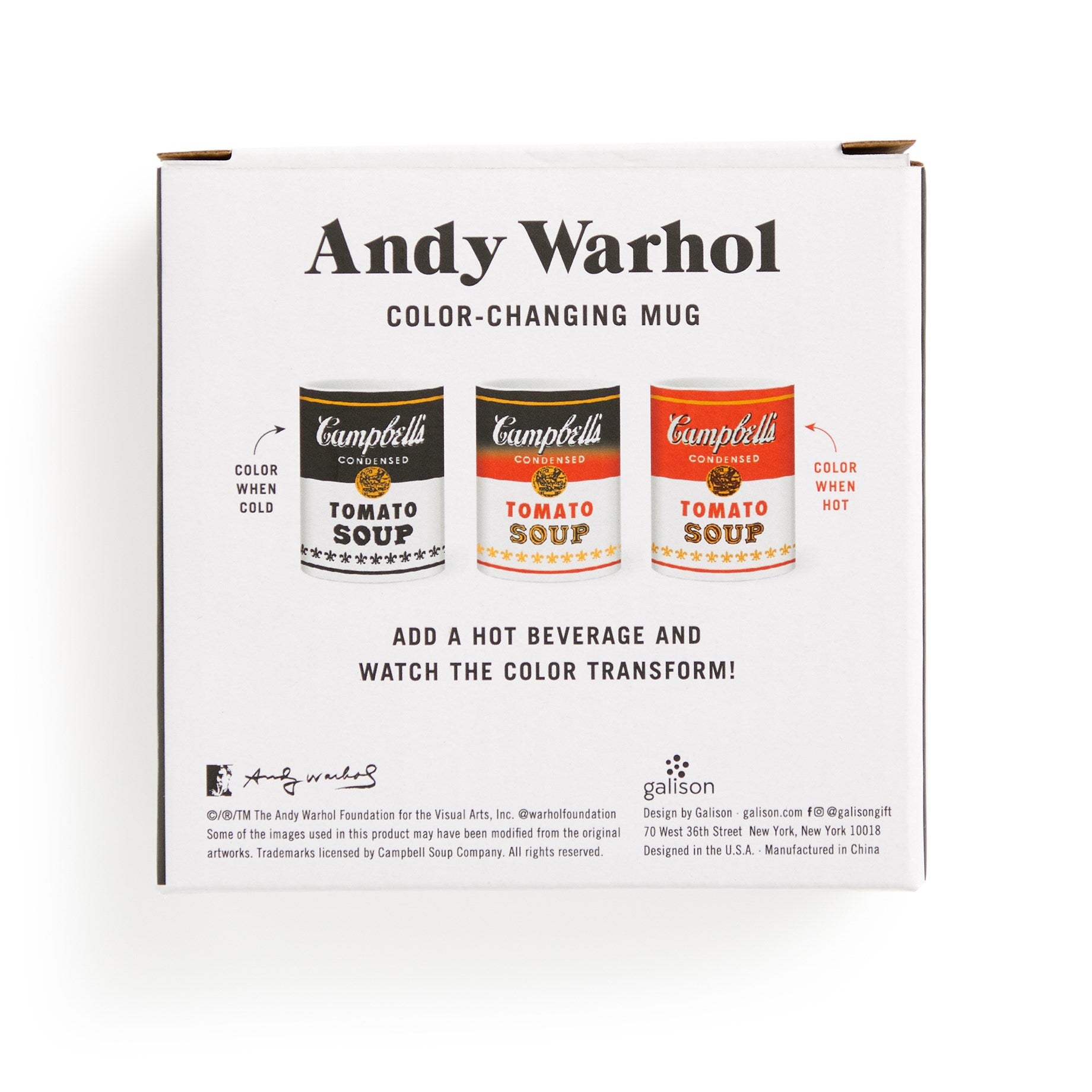 Andy Warhol color-changing mug packaging with Campbell's Soup cans on a white background
