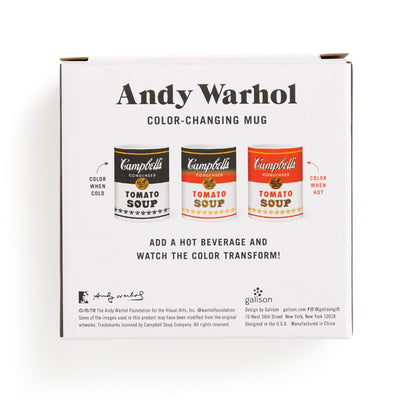 Andy Warhol color-changing mug packaging with Campbell's Soup cans on a white background