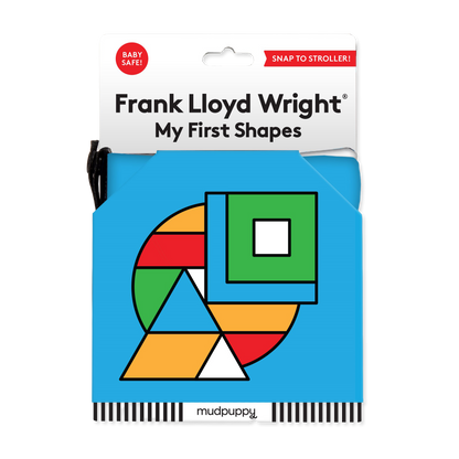 Packaging of 'My First Shapes' by Frank Lloyd Wright with colorful geometric shapes on a blue background.