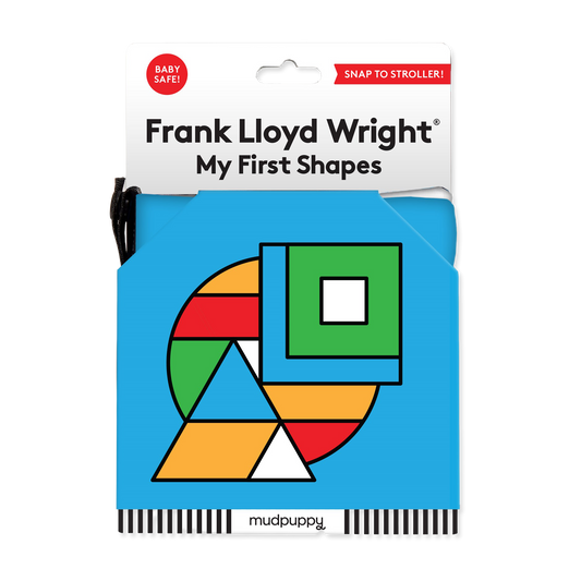 Packaging of 'My First Shapes' by Frank Lloyd Wright with colorful geometric shapes on a blue background.