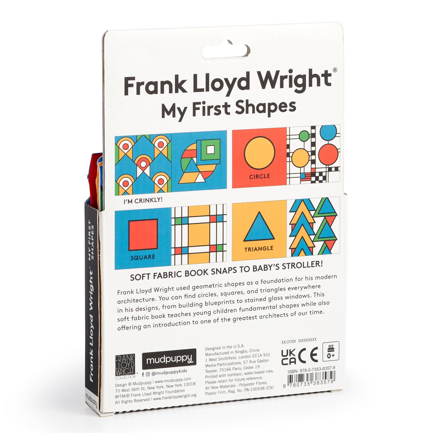 Box of 'My First Shapes' book by Frank Lloyd Wright with colorful geometric shapes on a white background.