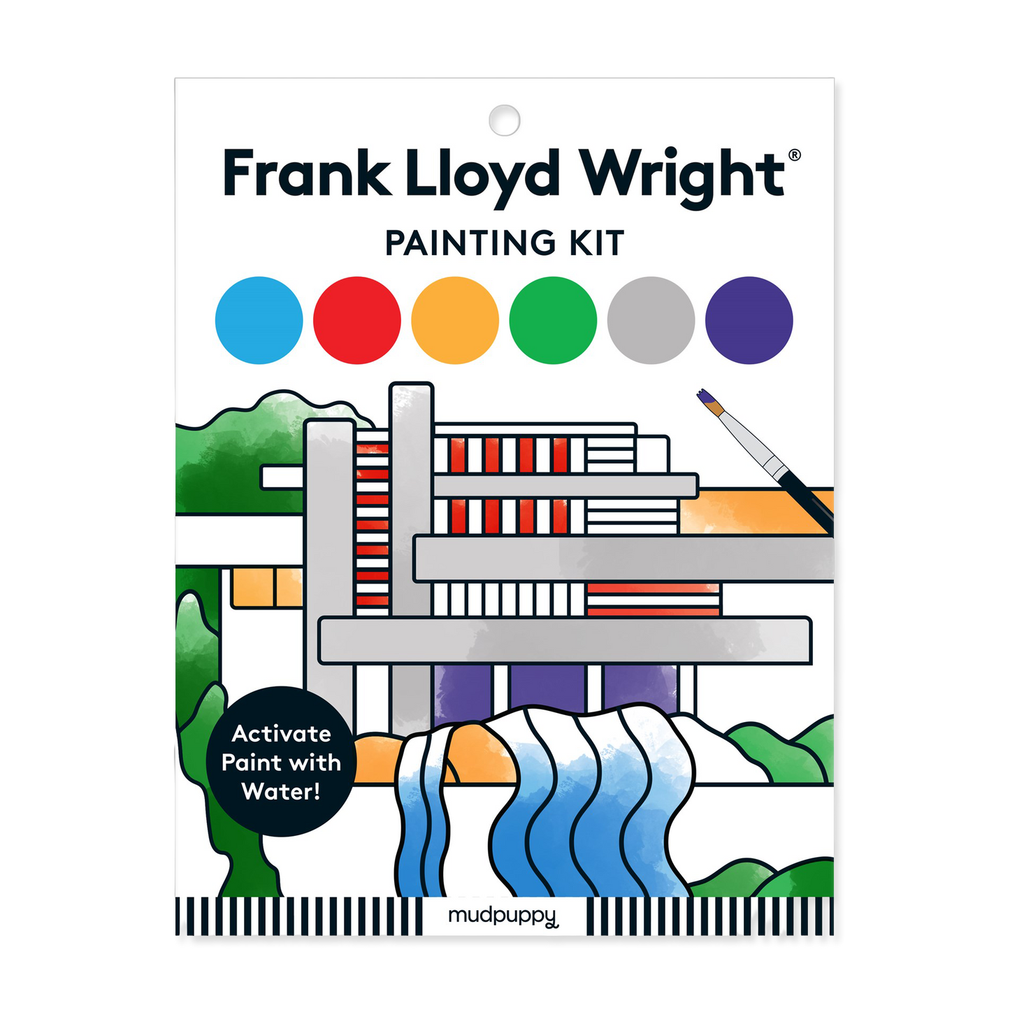 Frank Lloyd Wright painting kit packaging with color swatches and a sample design.