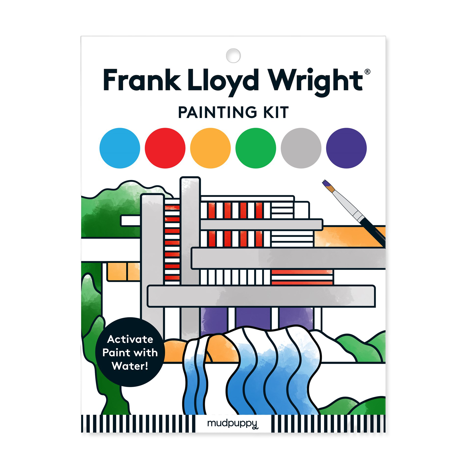 Frank Lloyd Wright painting kit packaging with color swatches and a sample design.