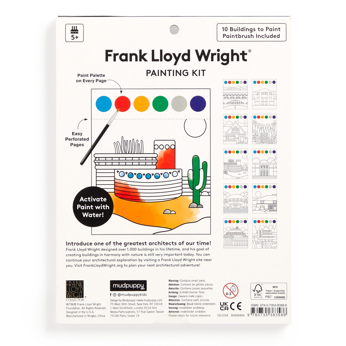 Frank Lloyd Wright painting kit packaging with illustrations and text on a white background