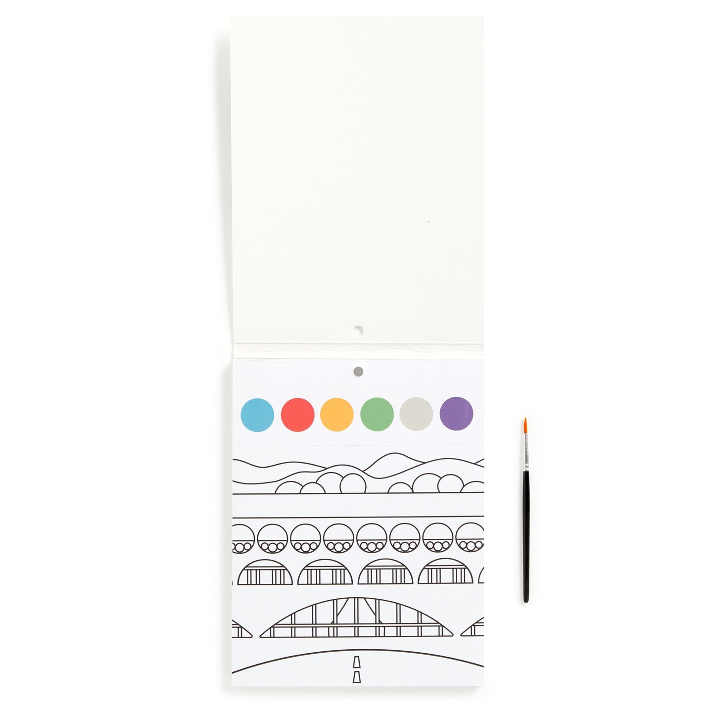 Coloring book with mountain landscape design and color swatches on a white background