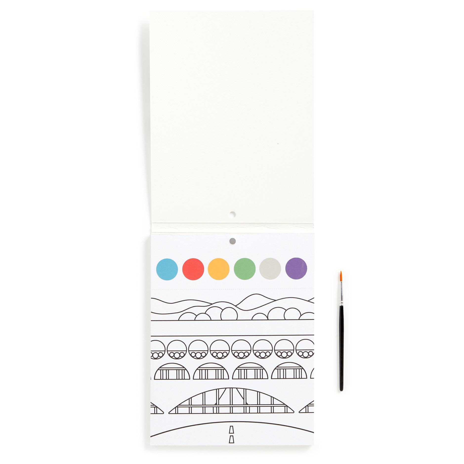 Coloring book with mountain landscape design and color swatches on a white background