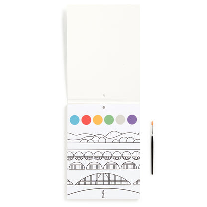 Coloring book with mountain landscape design and color swatches on a white background