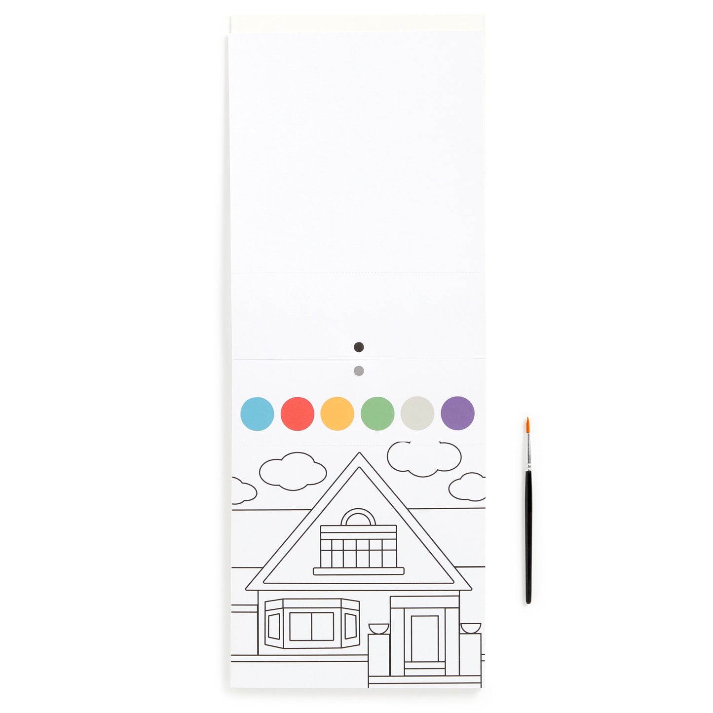 Coloring book page with a house outline and color swatches on a white background