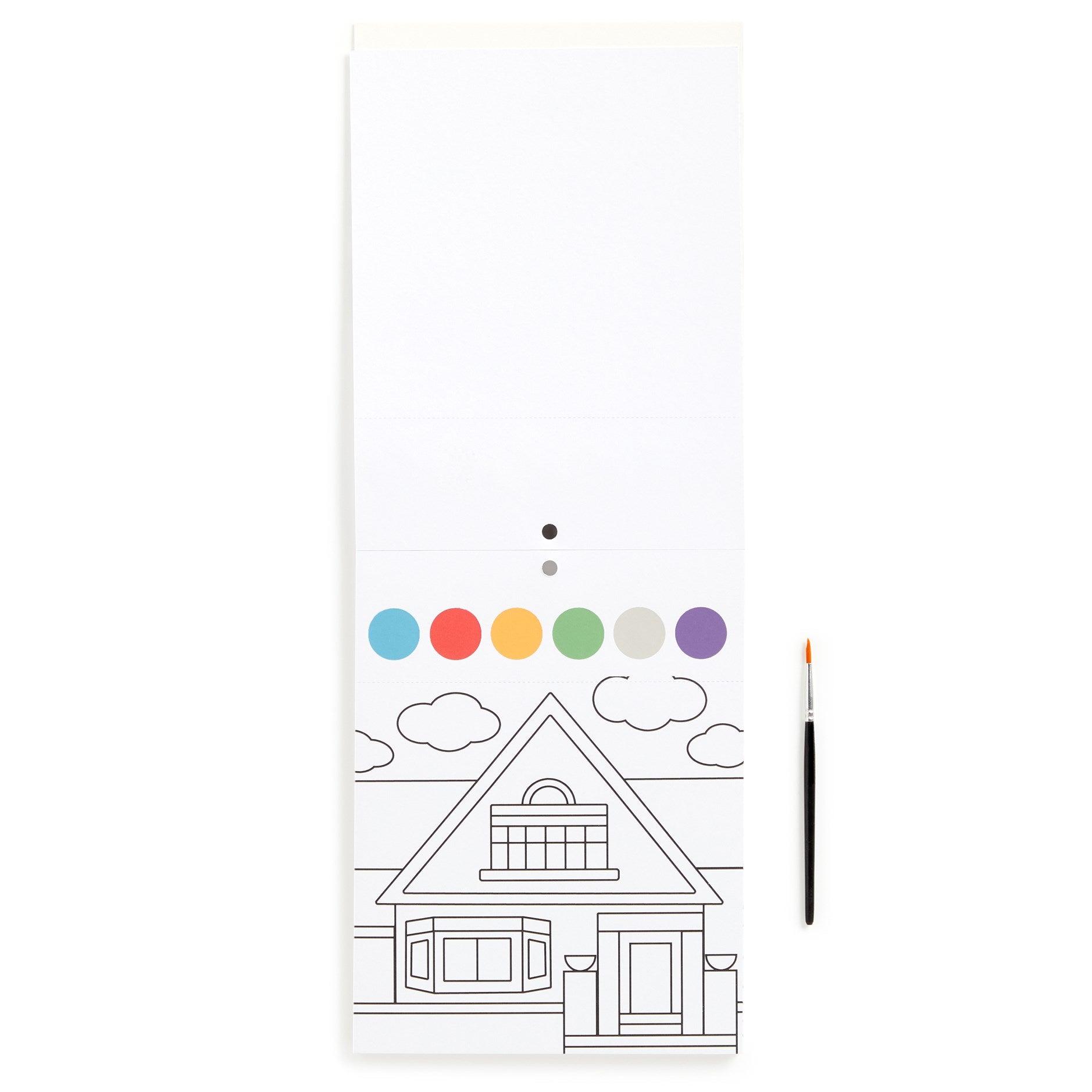 Coloring book page with a house outline and color swatches on a white background