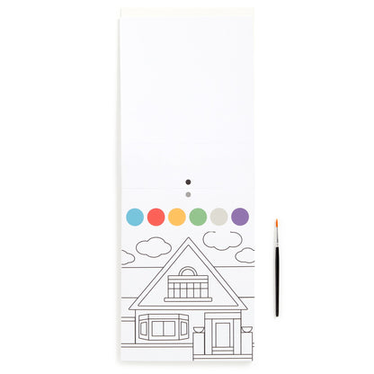 Coloring book page with a house outline and color swatches on a white background
