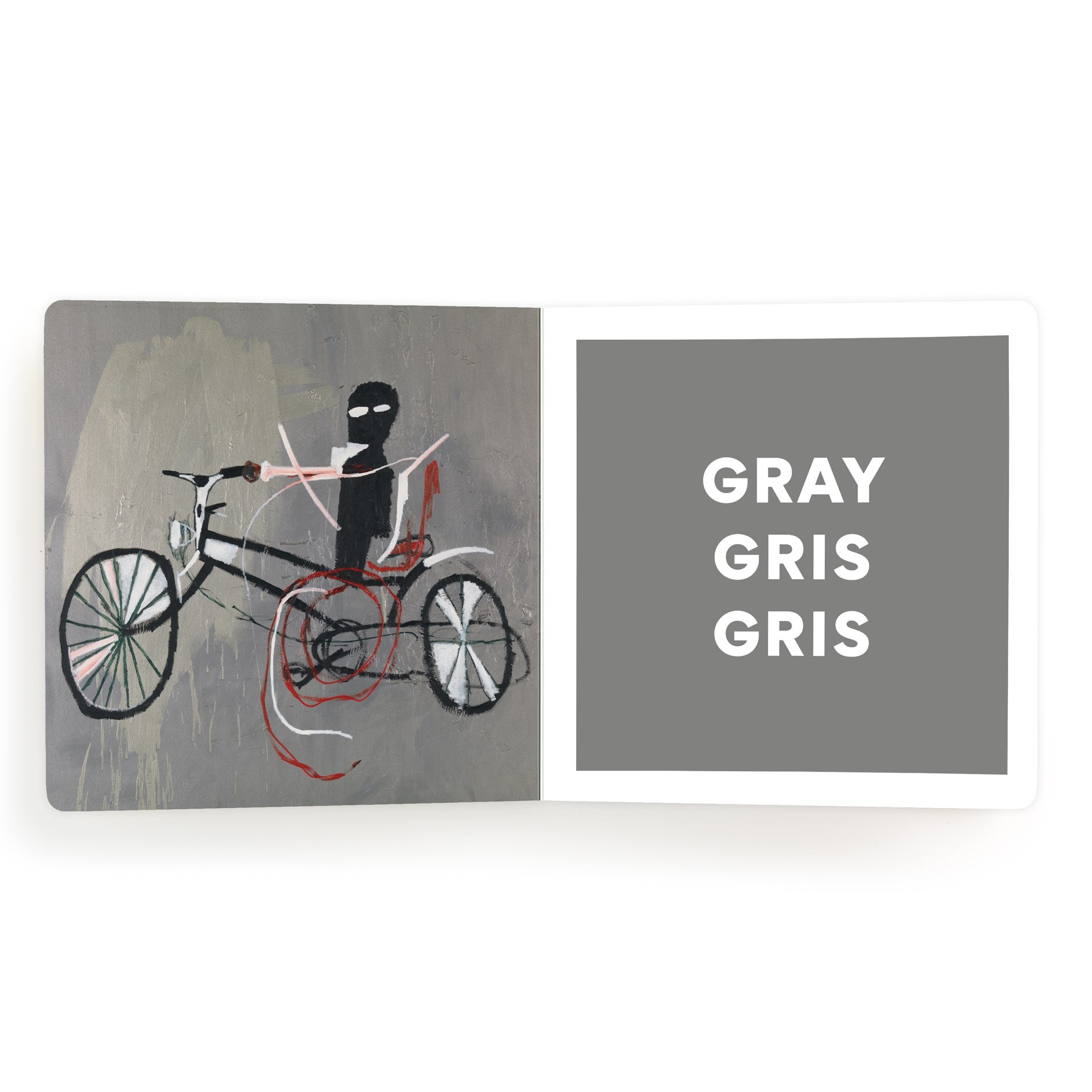 Canvas print with a black and white illustration of a figure on a bicycle, set against a gray background with 'GRAY GRIS GRIS' text.