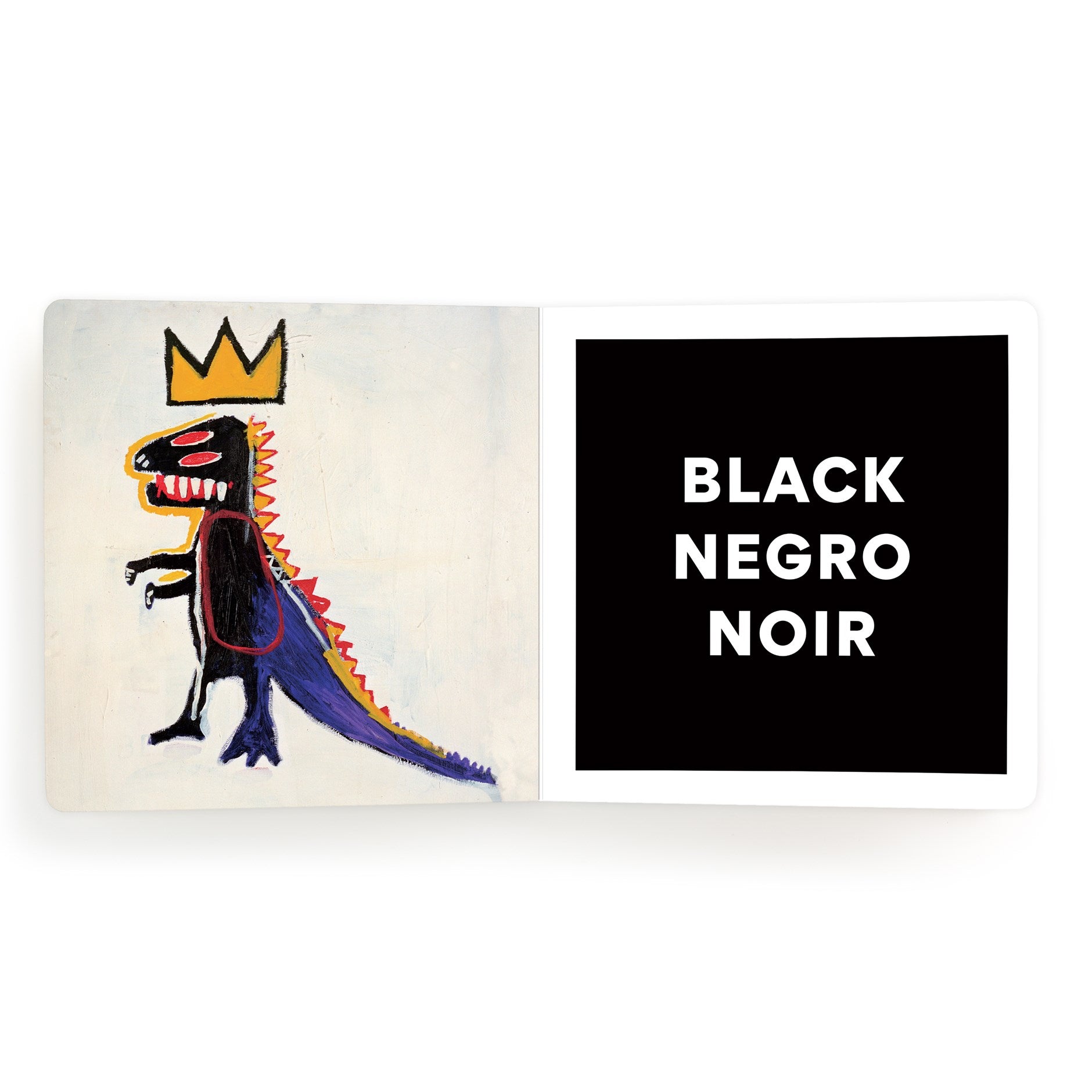 Card with a stylized animal wearing a crown and text 'BLACK NEGRO NOIR' on a white background