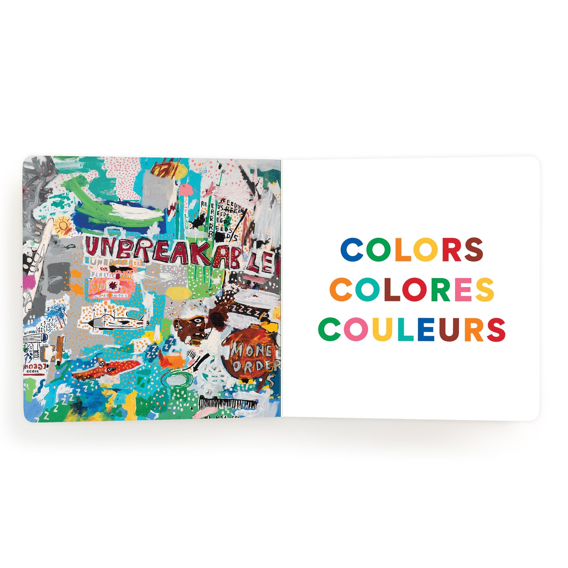 Colorful collage book titled 'Unbreakable' with 'COLORS COLORES COULEURS' text on a white background