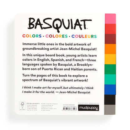 Back cover of a board book featuring Basquiat's artwork and color swatches.