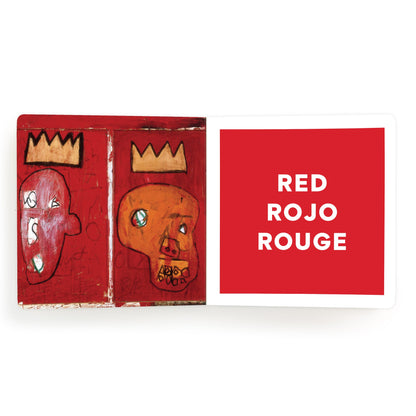 Artistic depiction of two faces with crowns on a red background, accompanied by the text 'RED ROJO ROUGE'.