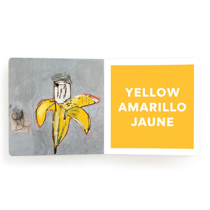 Canvas print with a banana character and text 'YELLOW AMARILLO JAUNE' on a yellow background.