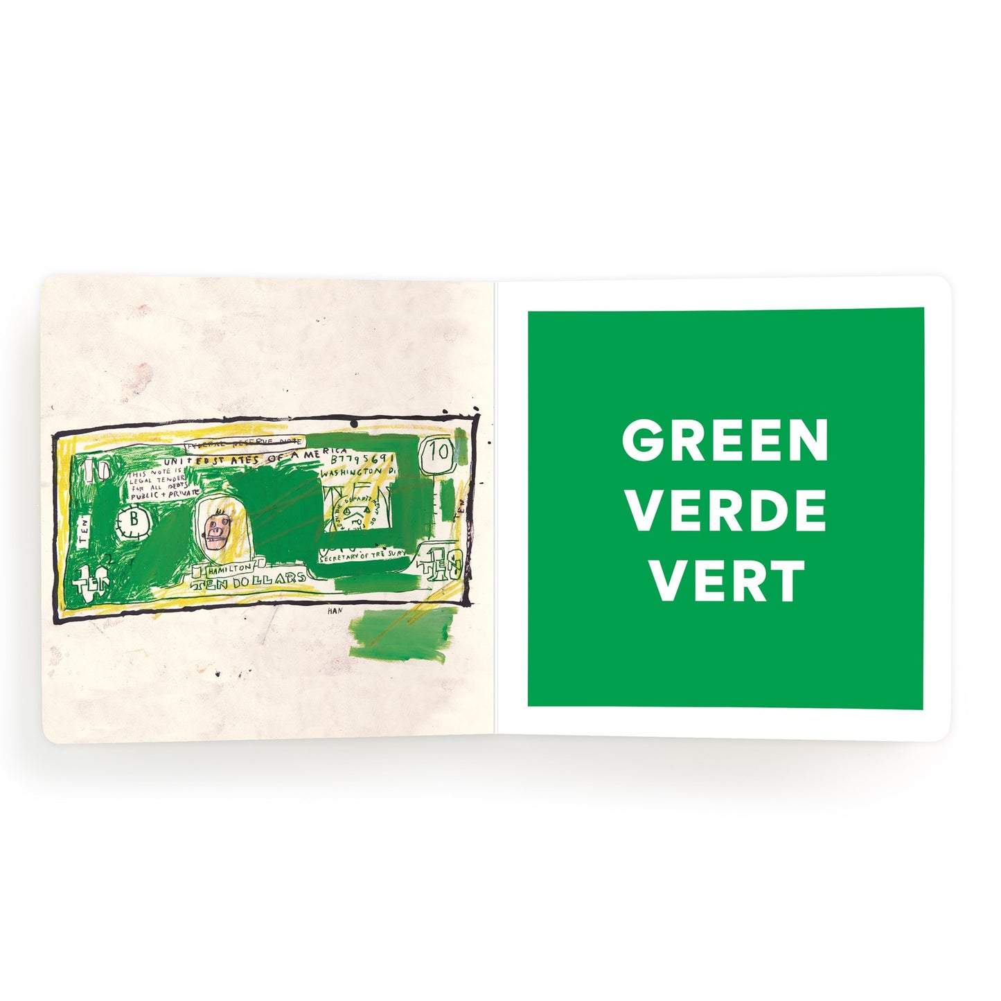 Textile with a green label and 'Green Verde Vert' text on a white background